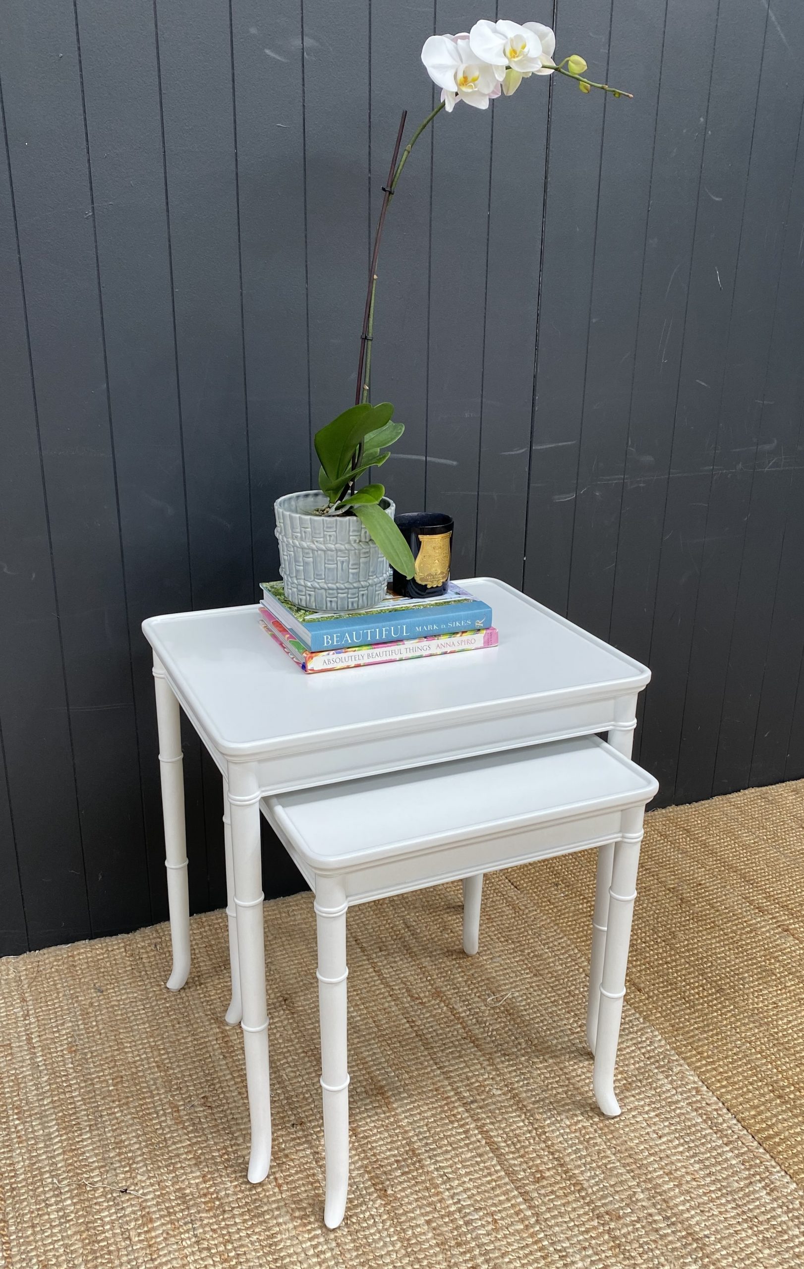 Faux Bamboo Nest of Tables - White Side Profile
